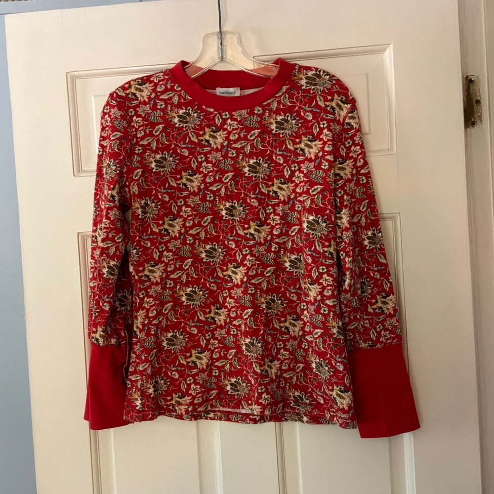 Sundance Floral Thermal Top Red Waffle Knit Velvet Button Cuffs Boho Chic M